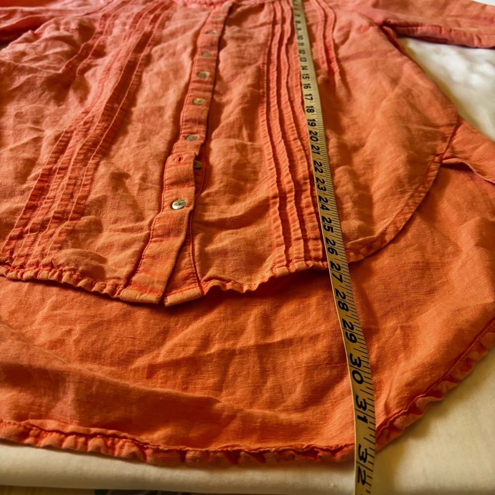April Cornell Size S Coral Orange Linen Blend 3/4 Sleeve Hi Lo Hem Tunic Blouse - Picture 7 of 8